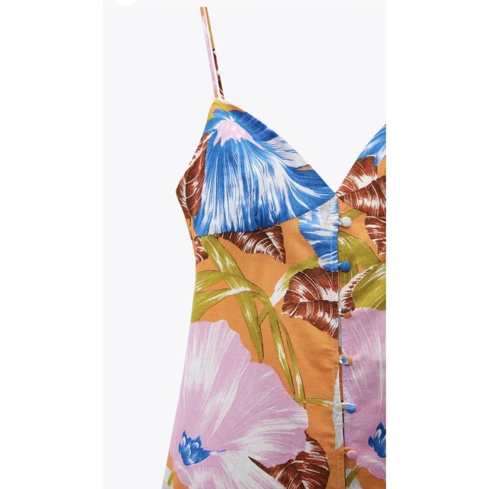 NWT Zara Tropical Floral Midi Dress Linen Blend Blogger Favorite Summer L - Picture 3 of 10